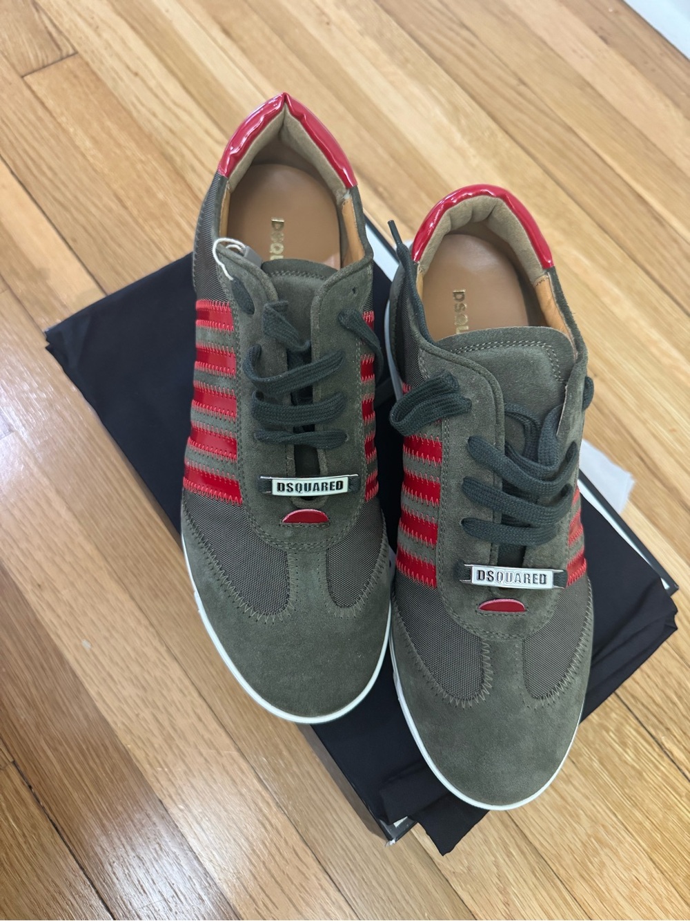 DSQUARED Olive Suede Sneakers with Red Stripes